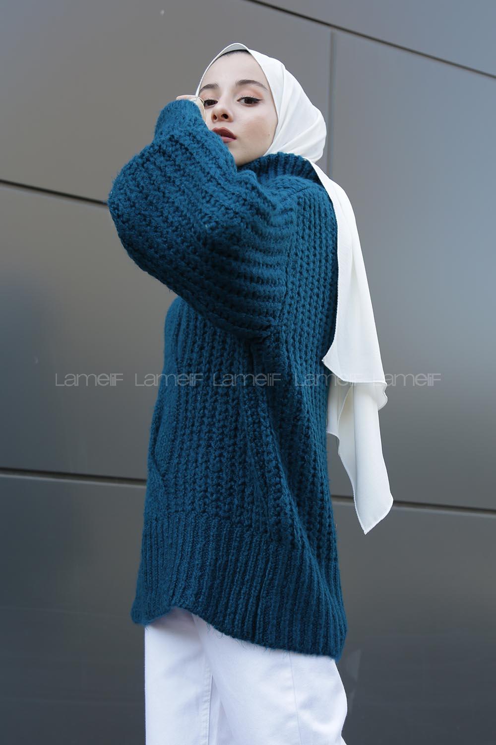 Modalamelif Boğazlı Önü Saç Örgü Kazak Petrol Mavisi