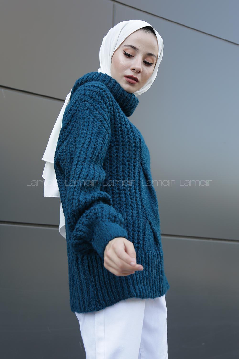 Modalamelif Boğazlı Önü Saç Örgü Kazak Petrol Mavisi