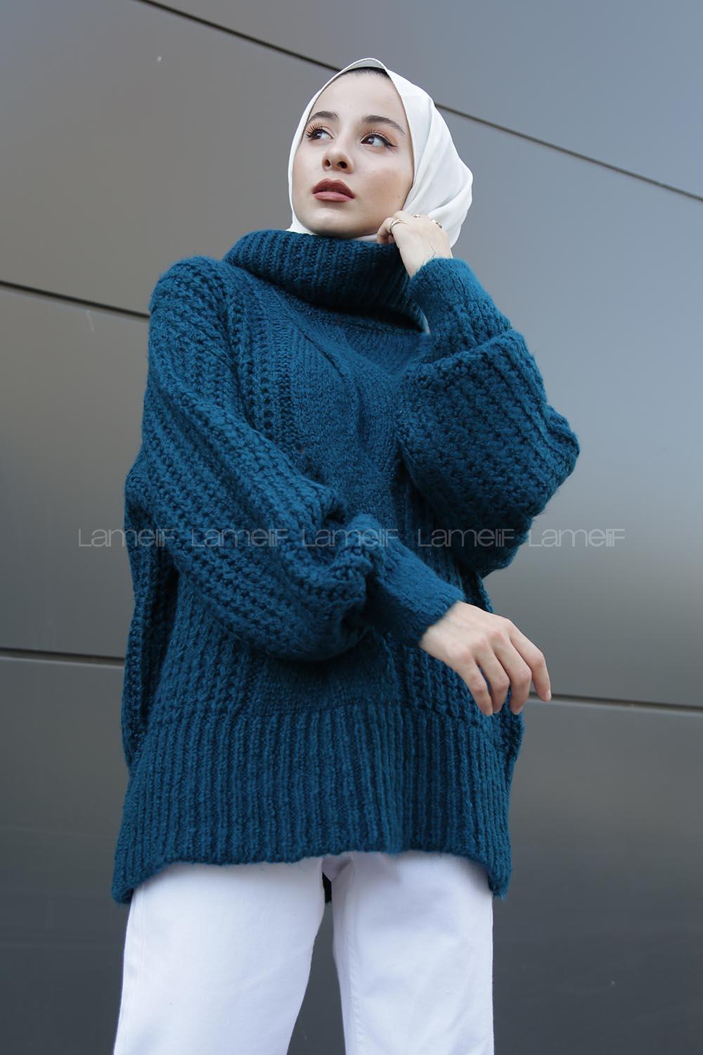 Modalamelif Boğazlı Önü Saç Örgü Kazak Petrol Mavisi
