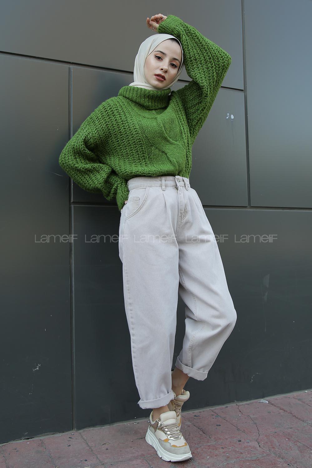 Modalamelif Boğazlı Önü Saç Örgü Kazak Yeşil