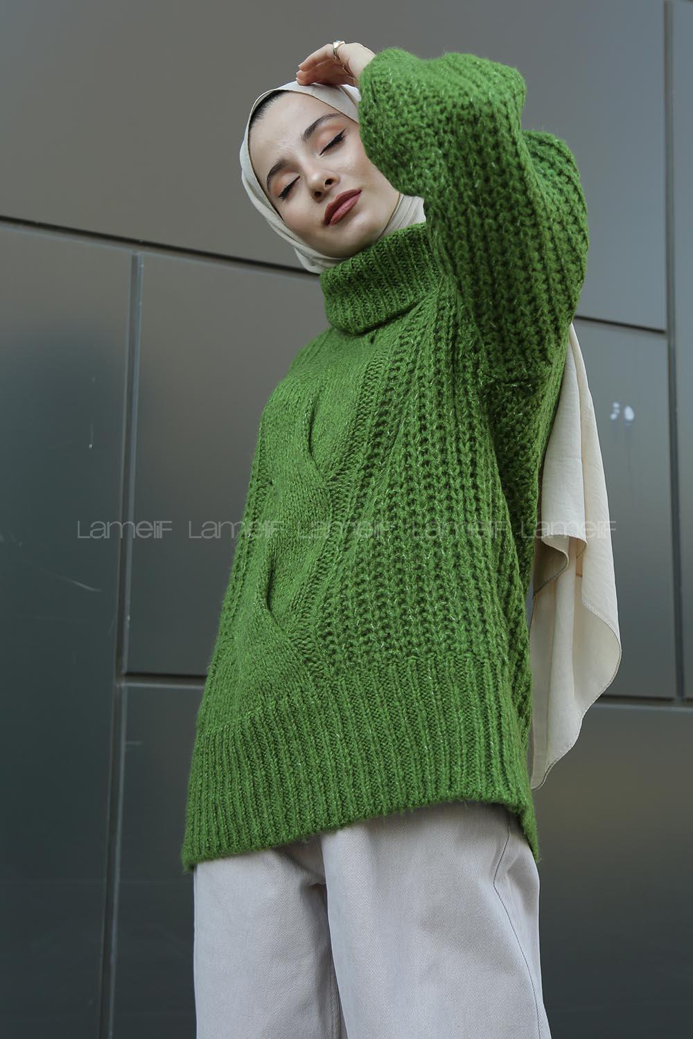 Modalamelif Boğazlı Önü Saç Örgü Kazak Yeşil