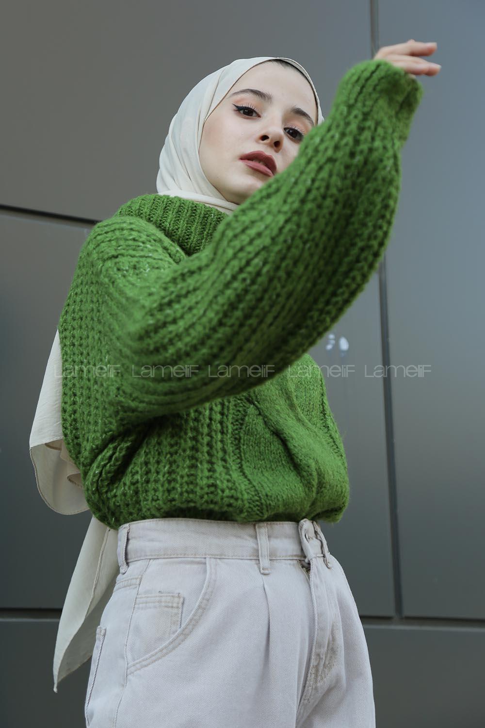 Modalamelif Boğazlı Önü Saç Örgü Kazak Yeşil