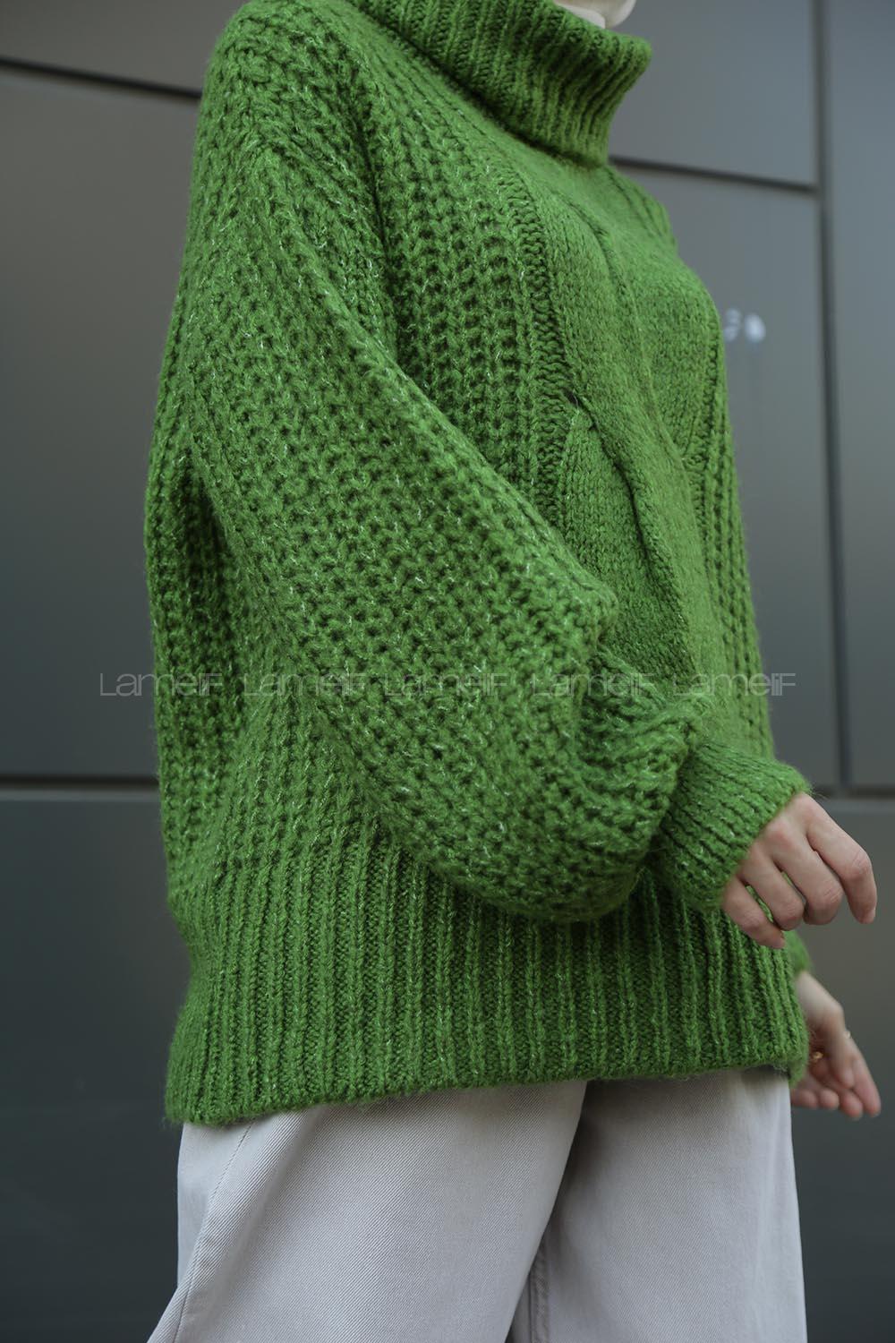 Modalamelif Boğazlı Önü Saç Örgü Kazak Yeşil