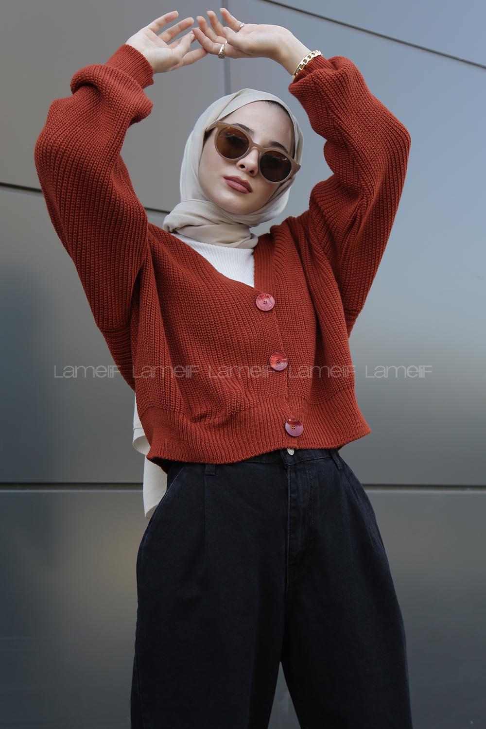 Modalamelif Düğmeli Selanik Hırka Kiremit