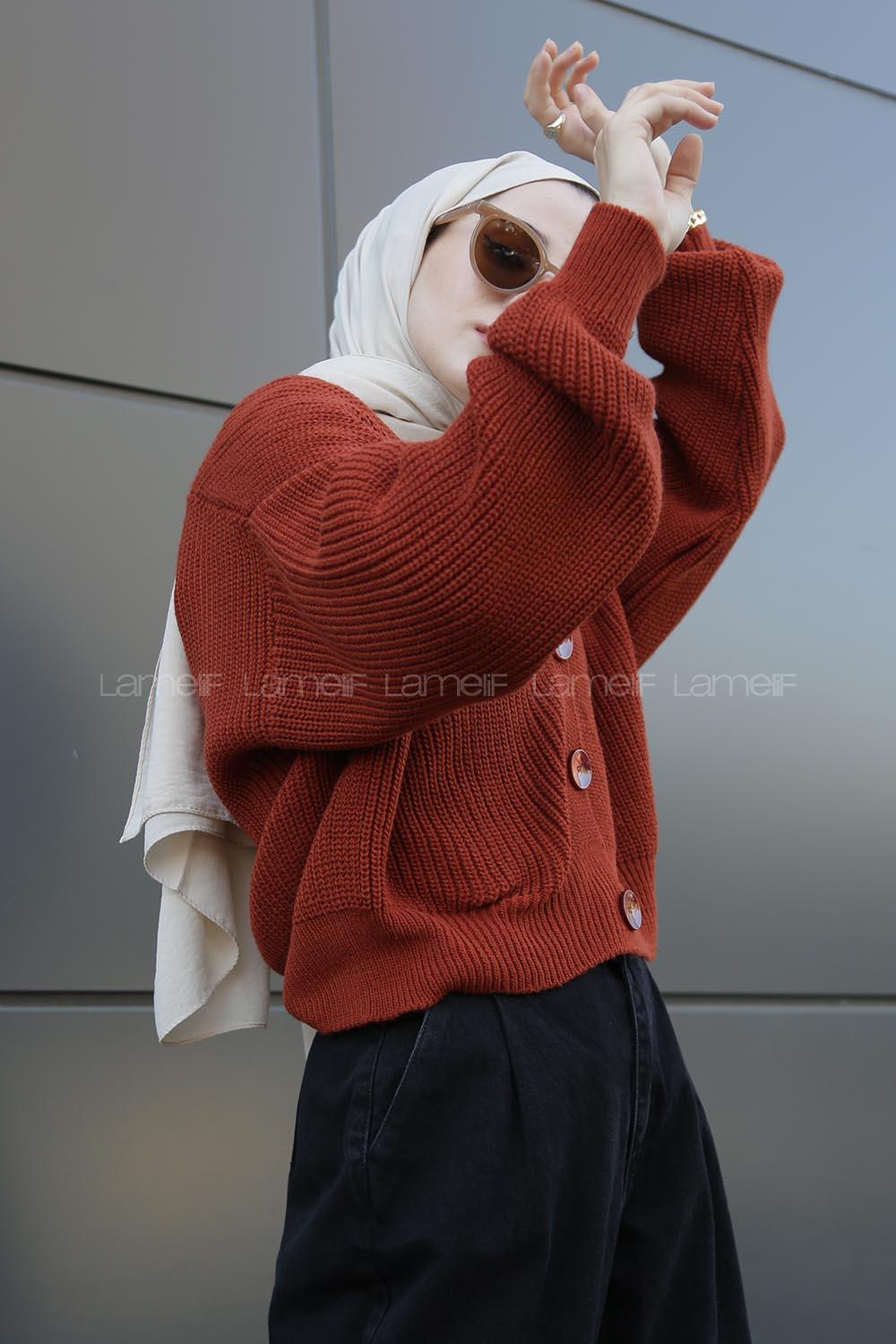 Modalamelif Düğmeli Selanik Hırka Kiremit