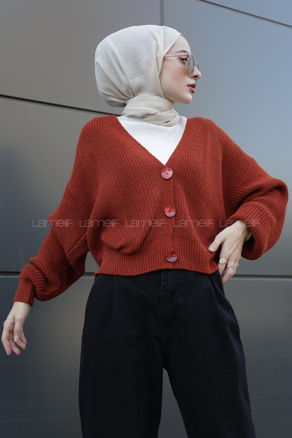 Modalamelif Düğmeli Selanik Hırka Kiremit