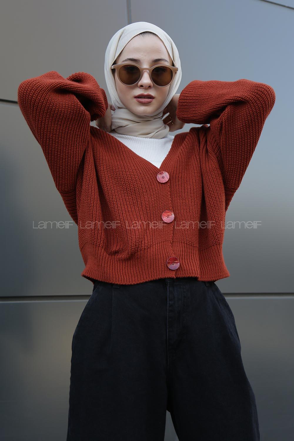 Modalamelif Düğmeli Selanik Hırka Kiremit