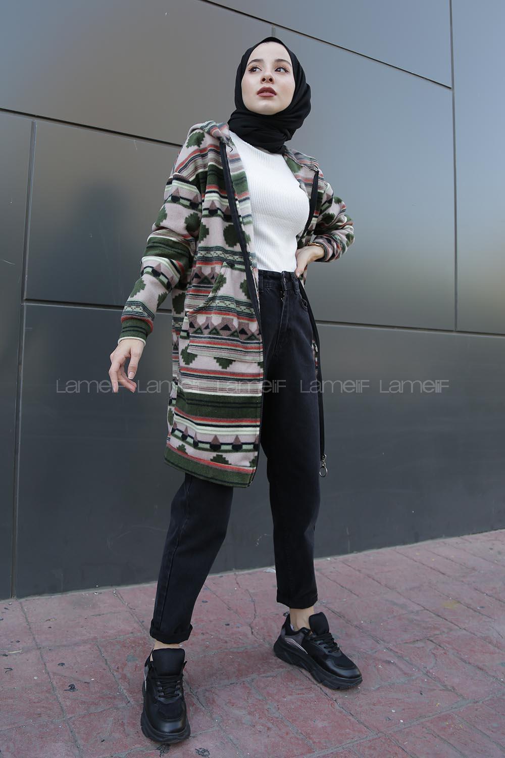 Modalamelif Etnik Desen Kapşonlu Tam Fermuarlı Polar Tunik Haki