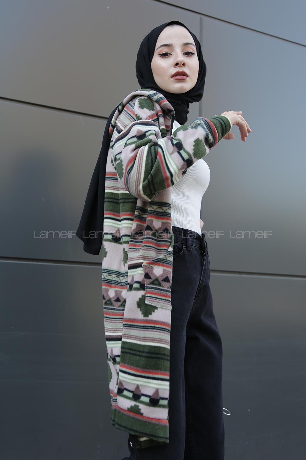 Modalamelif Etnik Desen Kapşonlu Tam Fermuarlı Polar Tunik Haki