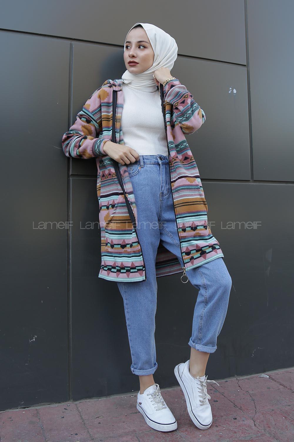 Modalamelif Etnik Desen Kapşonlu Tam Fermuarlı Polar Tunik Pudra