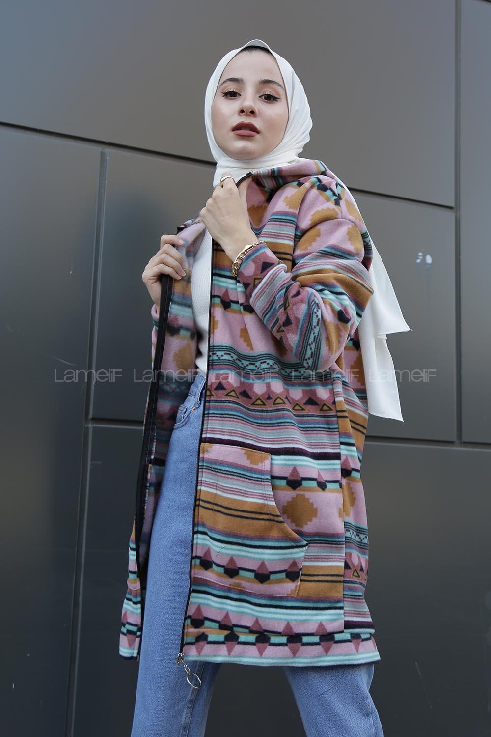 Modalamelif Etnik Desen Kapşonlu Tam Fermuarlı Polar Tunik Pudra