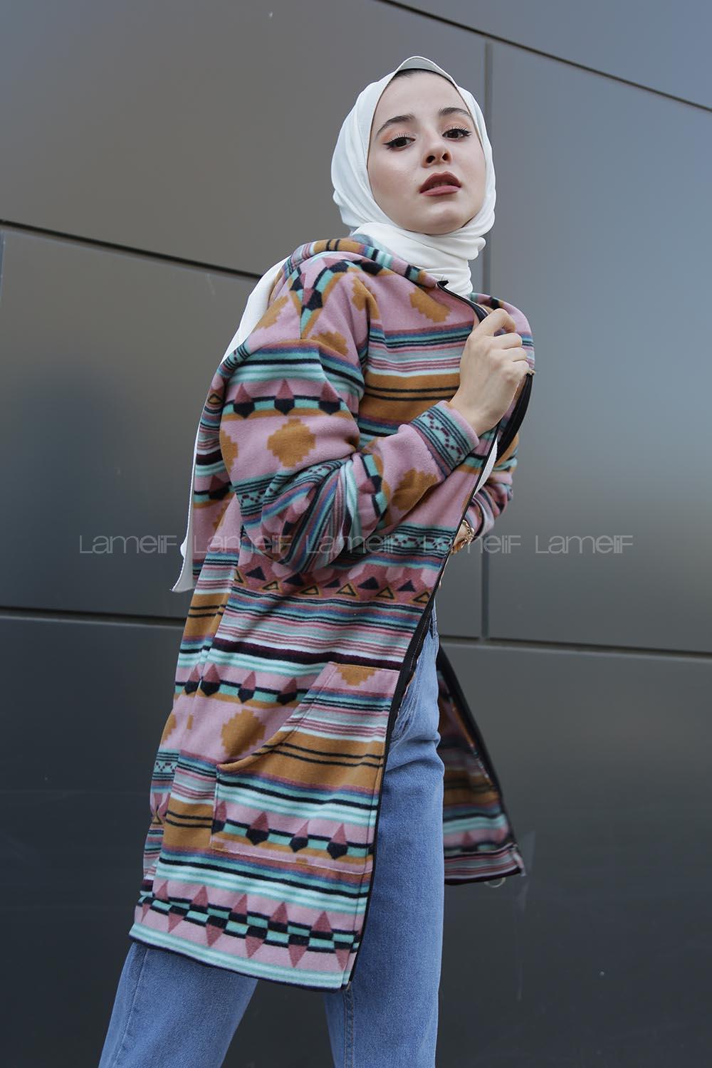 Modalamelif Etnik Desen Kapşonlu Tam Fermuarlı Polar Tunik Pudra