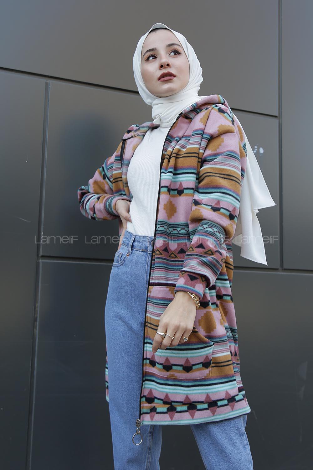 Modalamelif Etnik Desen Kapşonlu Tam Fermuarlı Polar Tunik Pudra