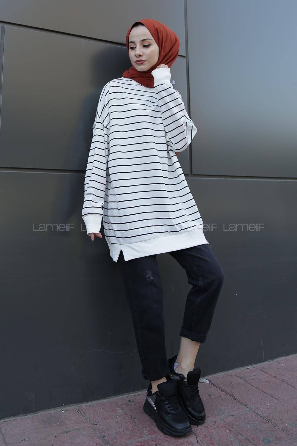 Modalamelif İndirimli Eteği Lastikli Çizgili Basıc Tunik  Beyaz Siyah