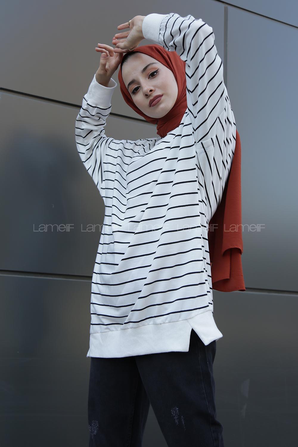 Modalamelif İndirimli Eteği Lastikli Çizgili Basıc Tunik  Beyaz Siyah