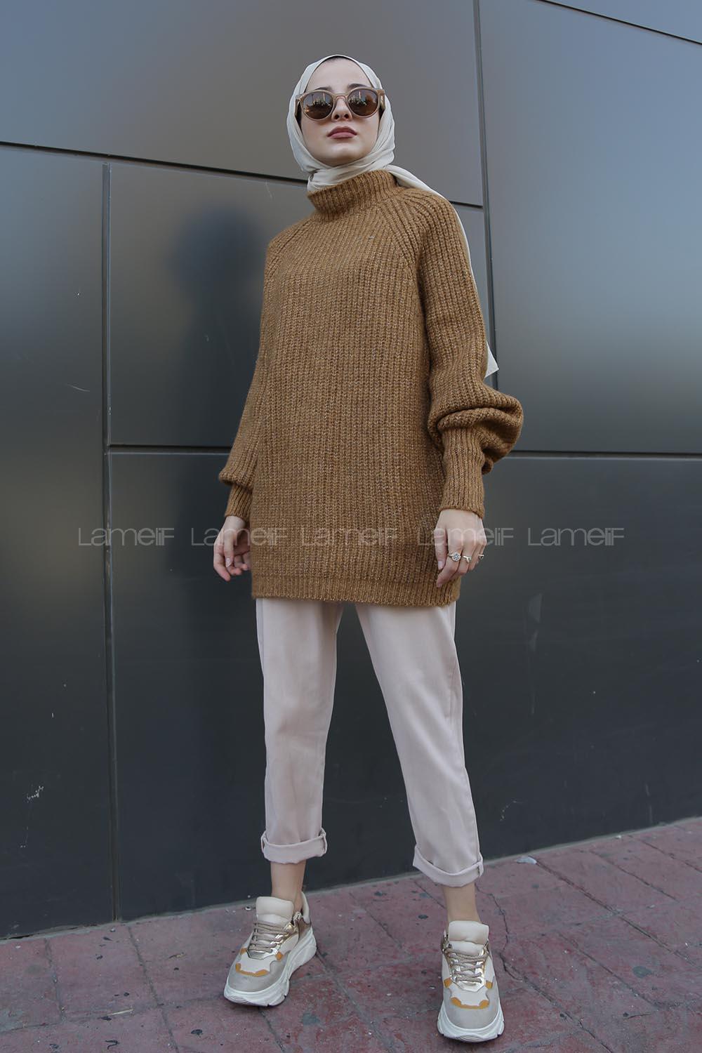 Modalamelif Yarım Boğazlı Balon Kol Kazak Camel