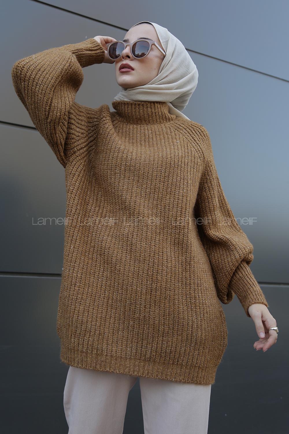 Modalamelif Yarım Boğazlı Balon Kol Kazak Camel