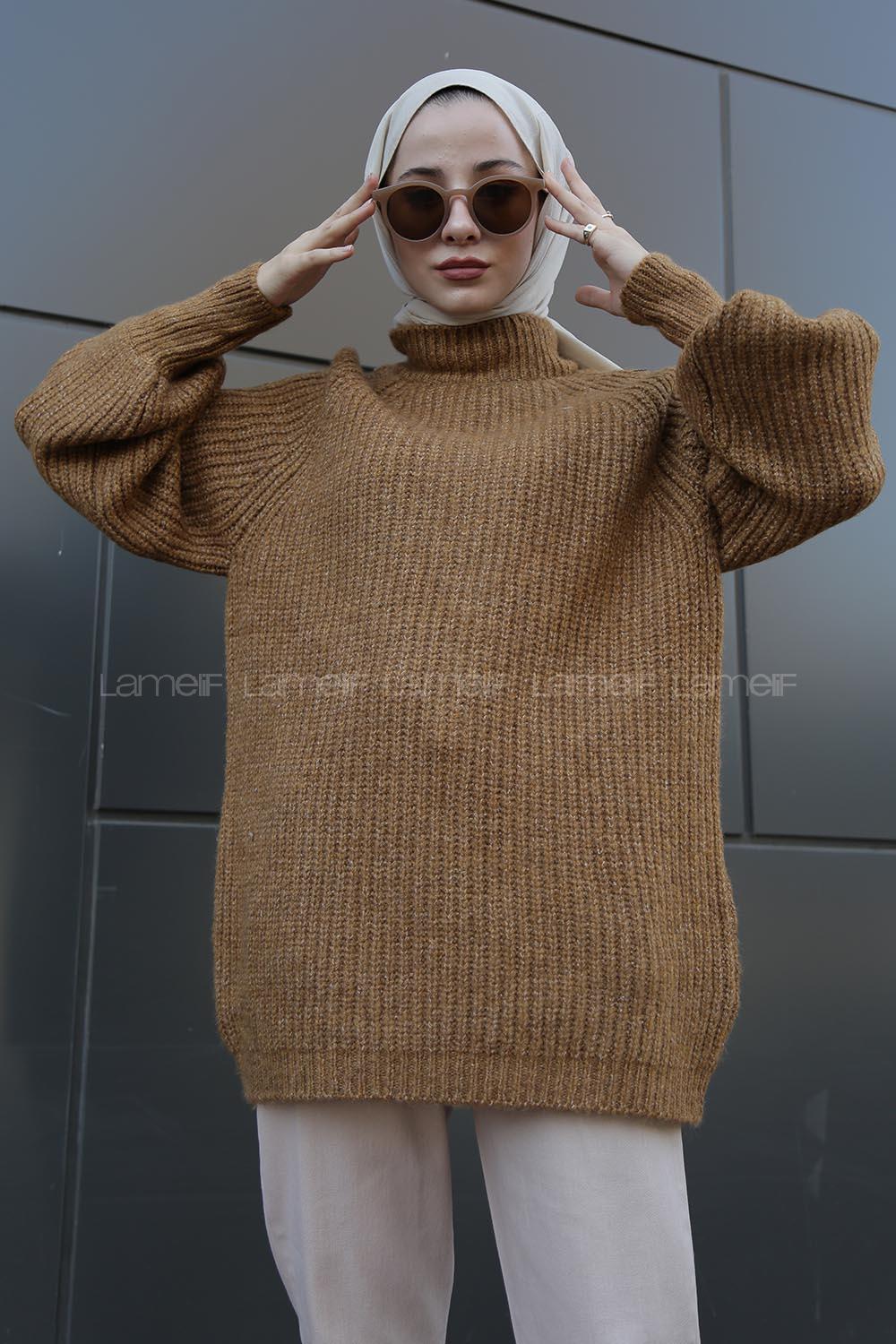 Modalamelif Yarım Boğazlı Balon Kol Kazak Camel