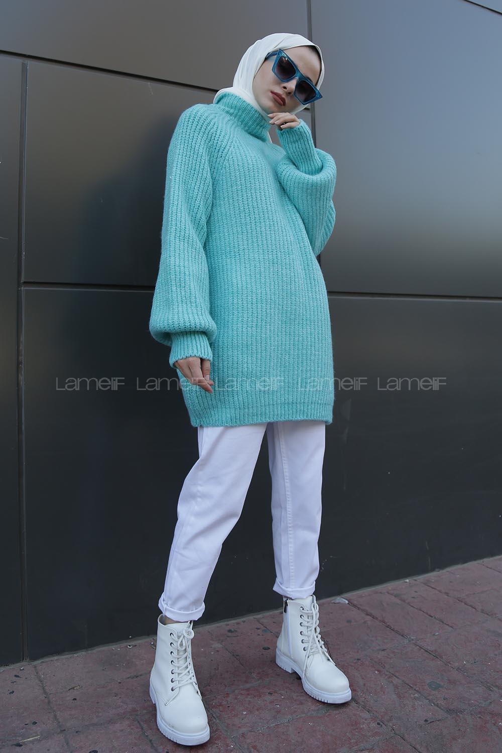 Modalamelif Yarım Boğazlı Balon Kol Kazak Mint Yeşili