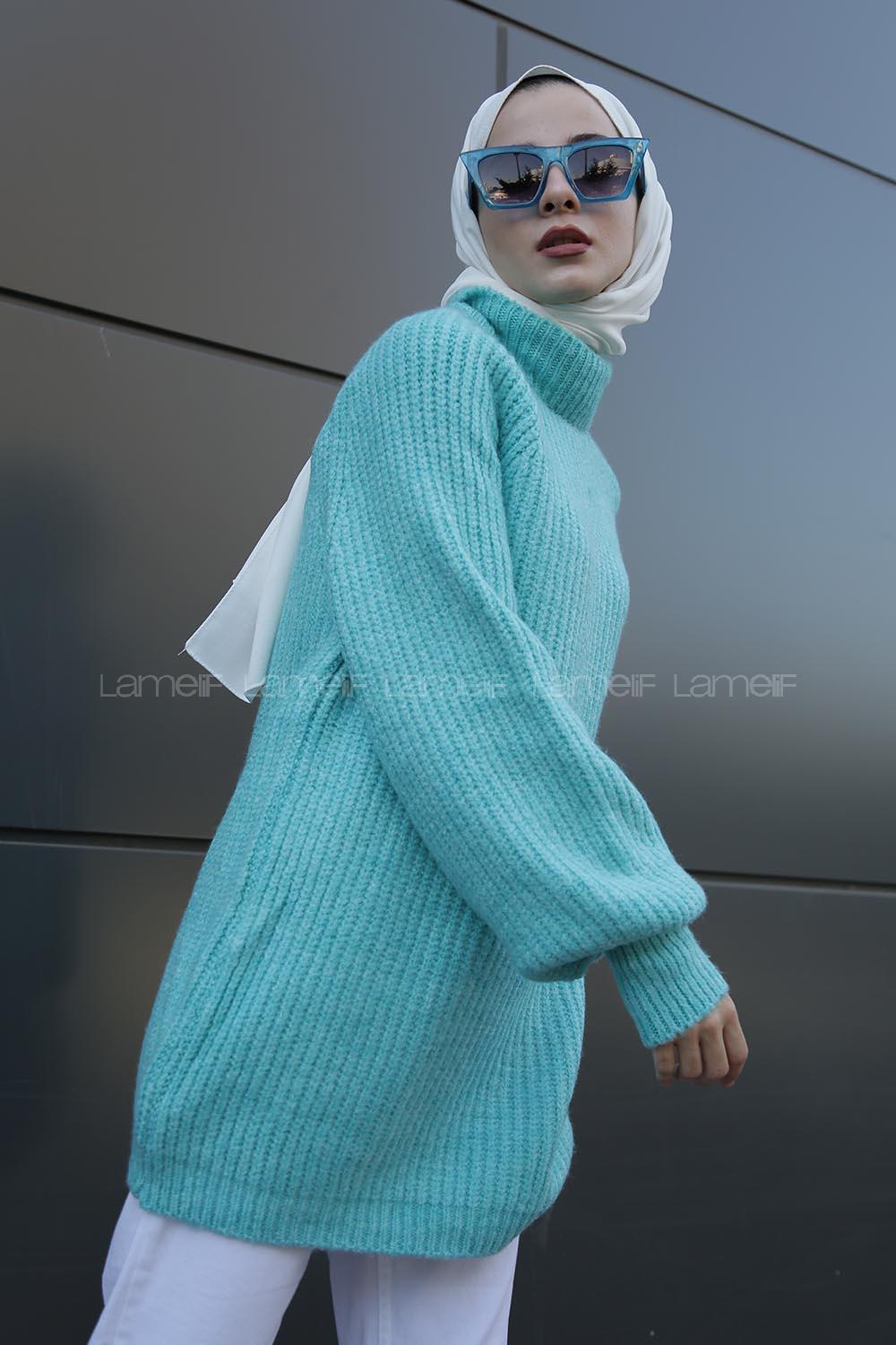 Modalamelif Yarım Boğazlı Balon Kol Kazak Mint Yeşili