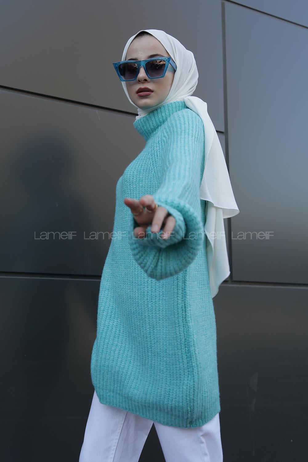 Modalamelif Yarım Boğazlı Balon Kol Kazak Mint Yeşili