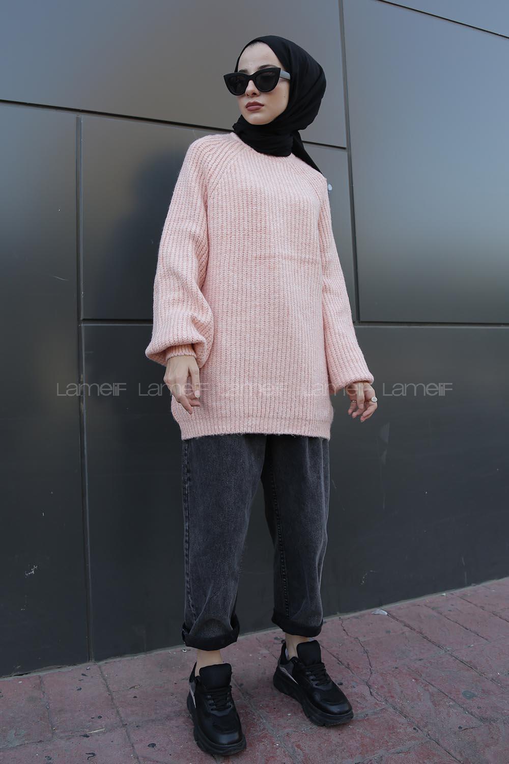 Modalamelif Yarım Boğazlı Balon Kol Kazak Pudra