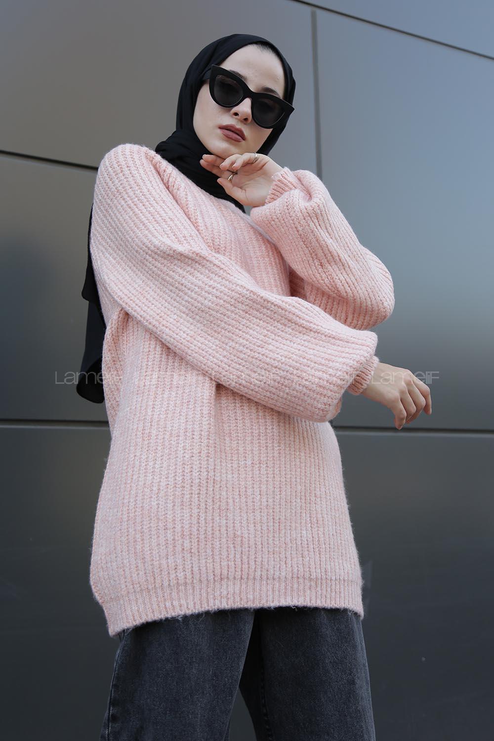 Modalamelif Yarım Boğazlı Balon Kol Kazak Pudra