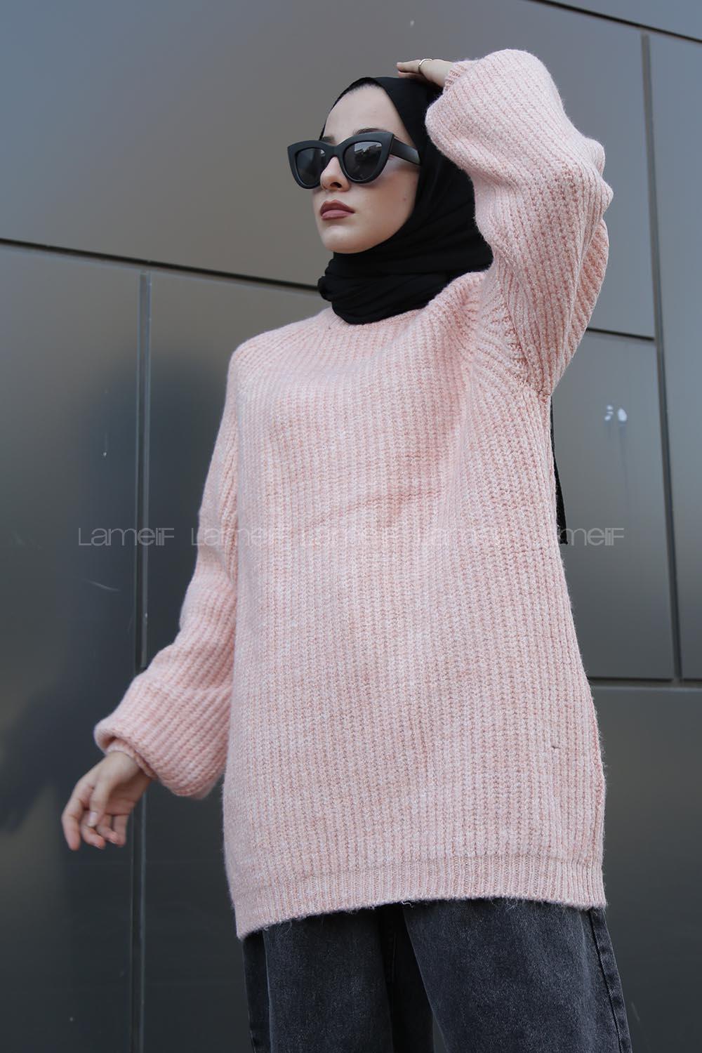 Modalamelif Yarım Boğazlı Balon Kol Kazak Pudra