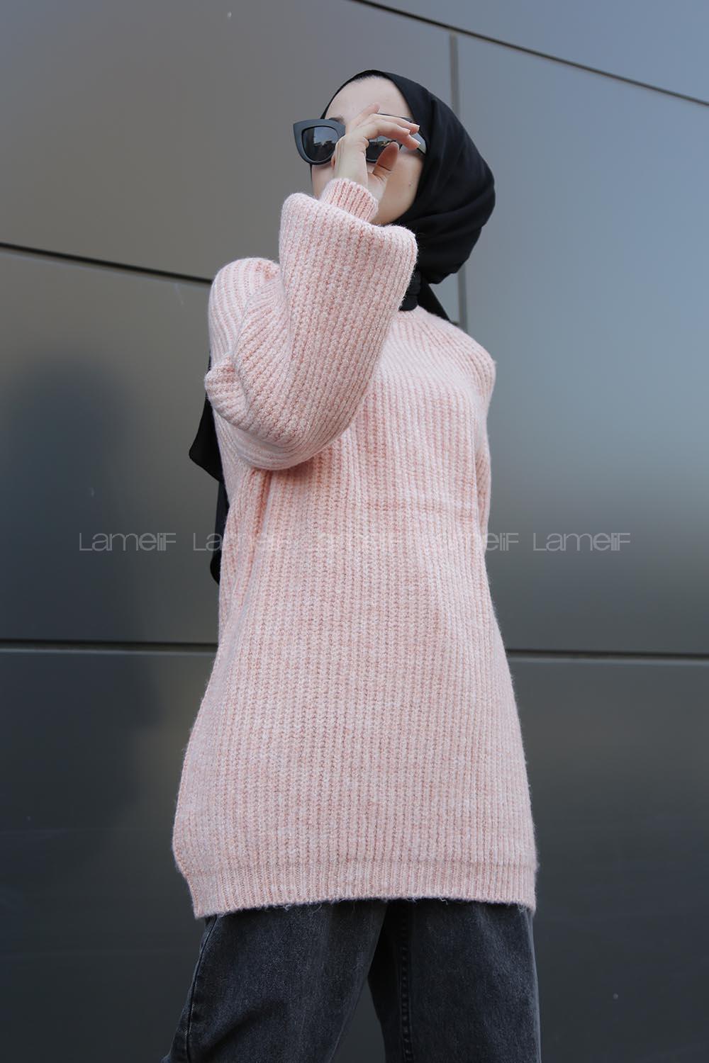 Modalamelif Yarım Boğazlı Balon Kol Kazak Pudra