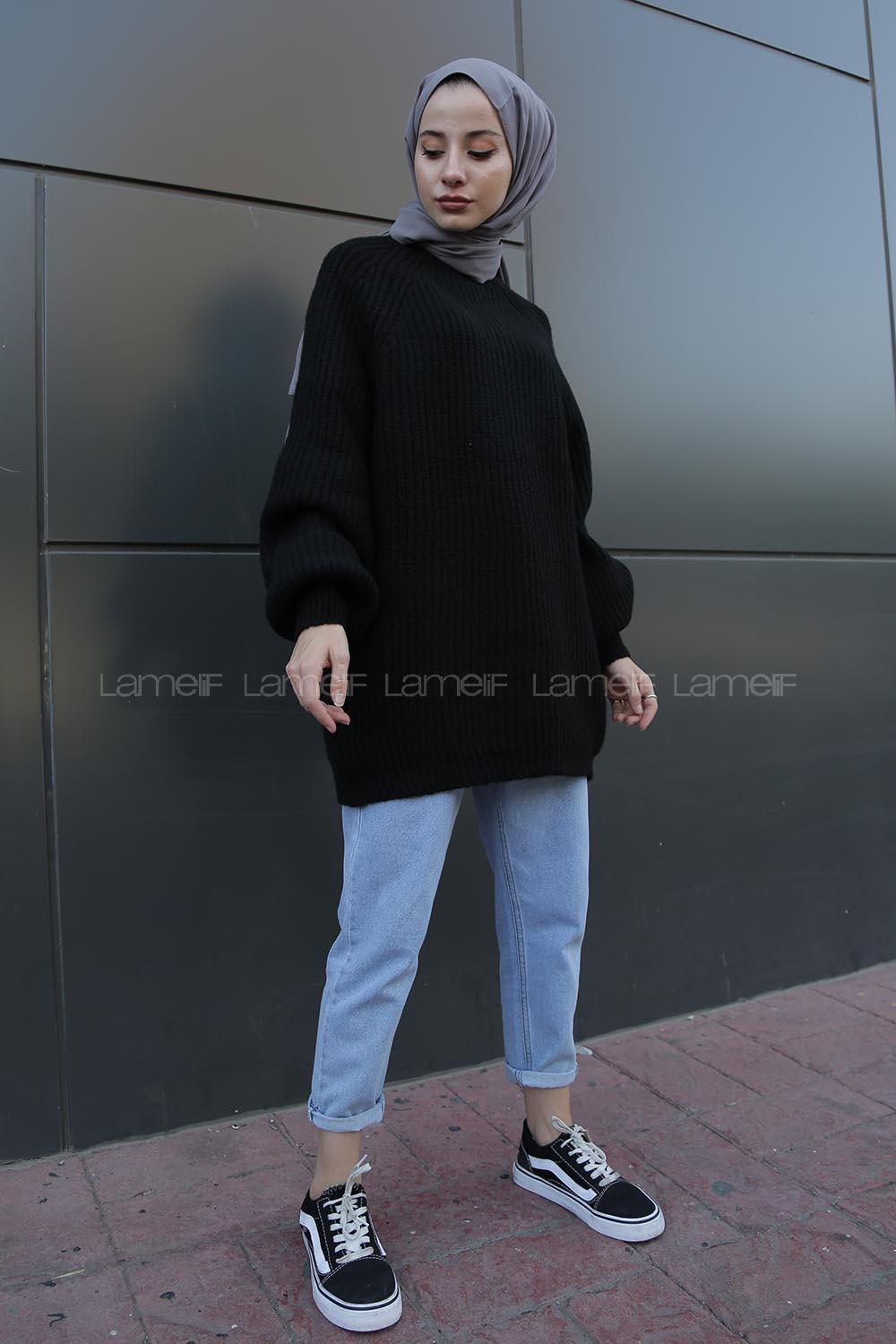 Modalamelif Yarım Boğazlı Balon Kol Kazak Siyah