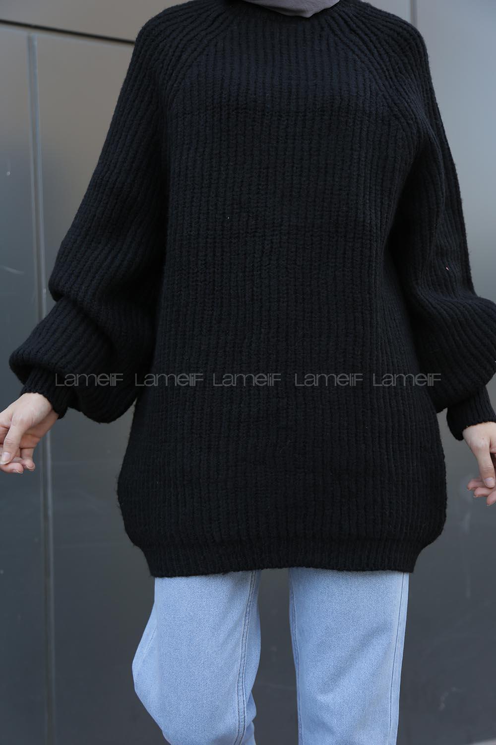 Modalamelif Yarım Boğazlı Balon Kol Kazak Siyah