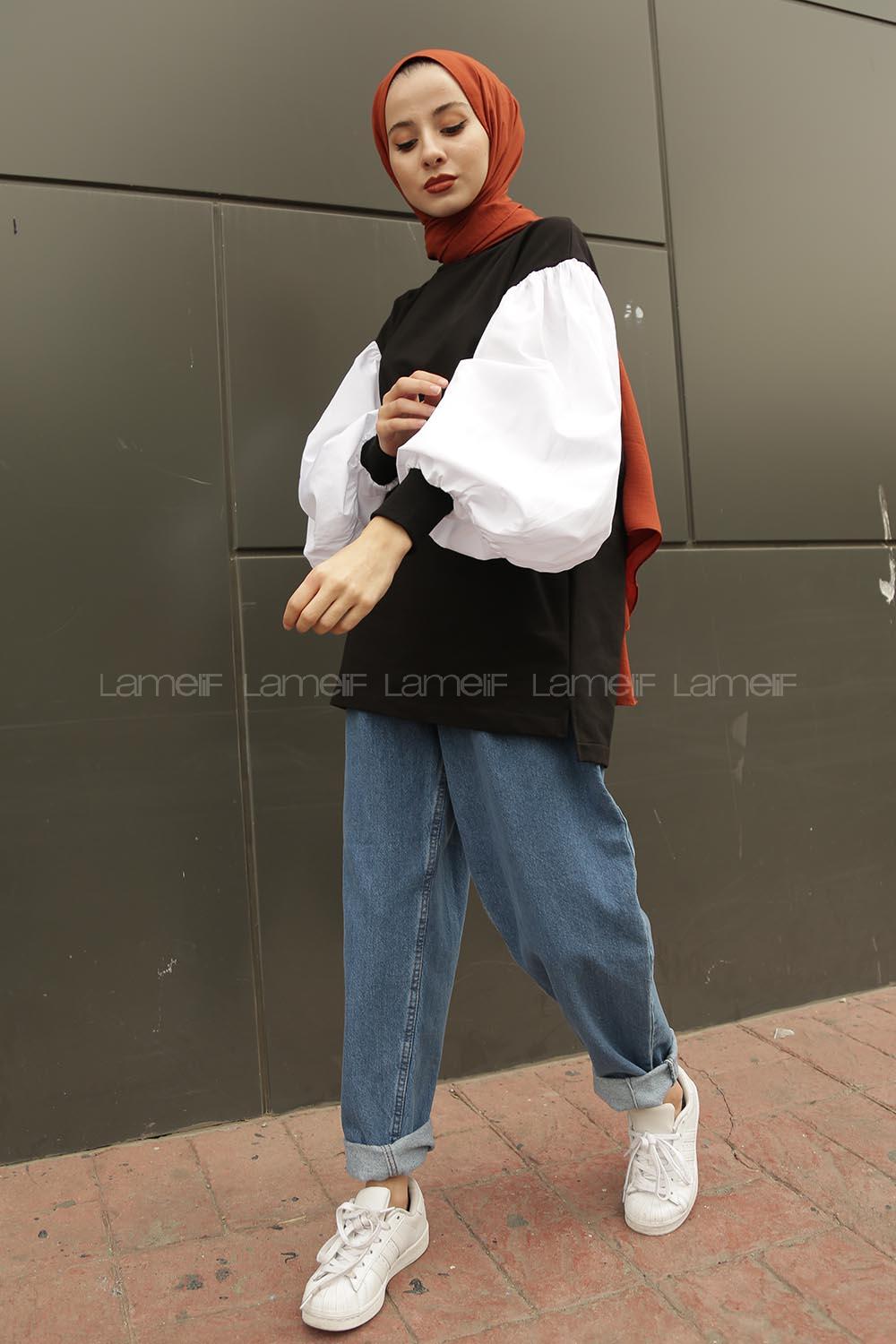 Modalamelif Balon Kol Düz Sweat Siyah Beyaz