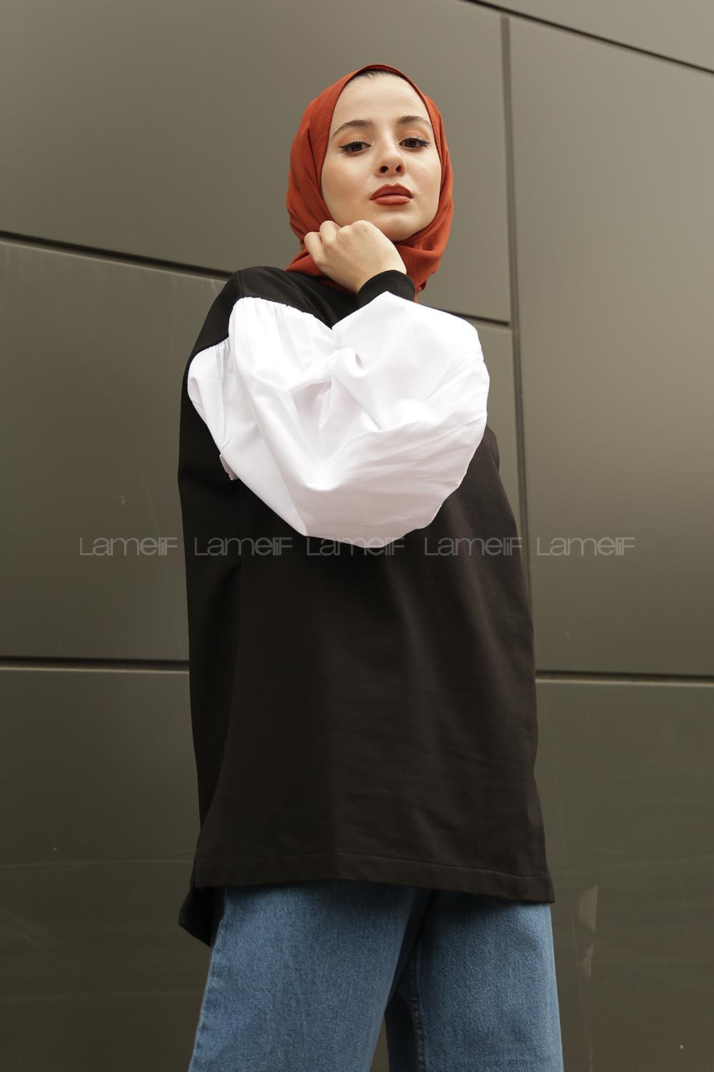 Modalamelif Balon Kol Düz Sweat Siyah Beyaz