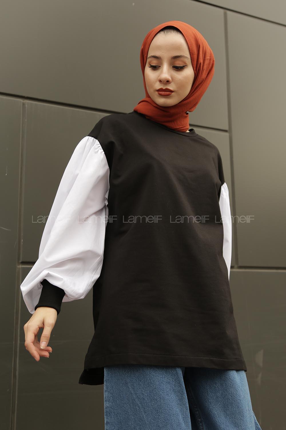 Modalamelif Balon Kol Düz Sweat Siyah Beyaz