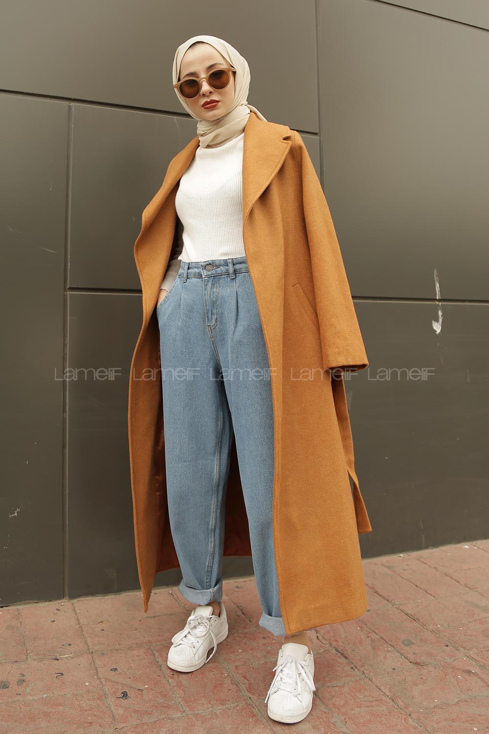 Modalamelif Belden Bağlamalı Kaşe Kaban Camel