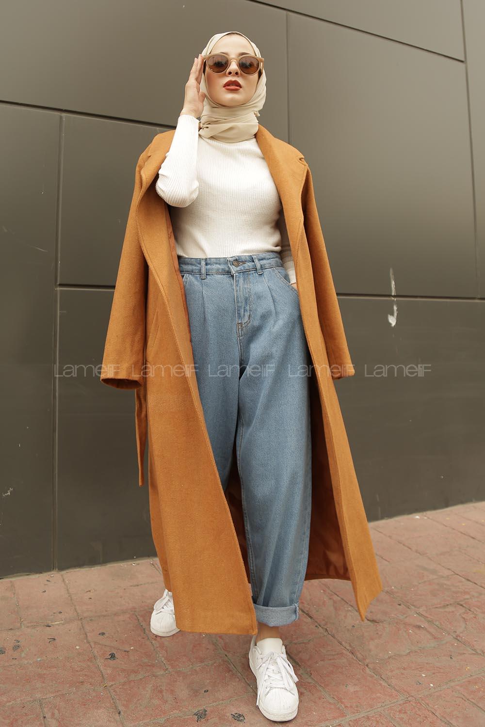 Modalamelif Belden Bağlamalı Kaşe Kaban Camel