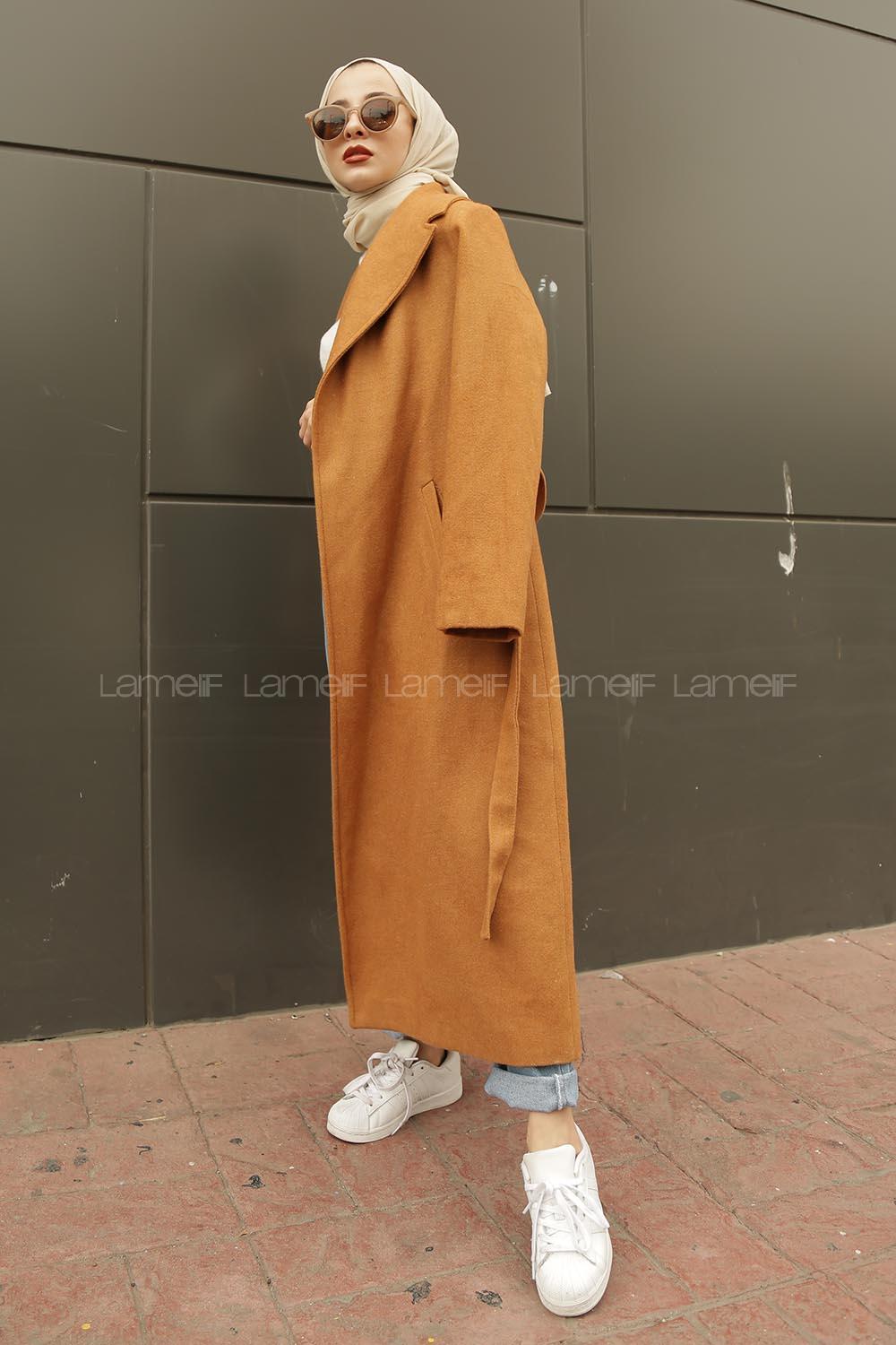 Modalamelif Belden Bağlamalı Kaşe Kaban Camel