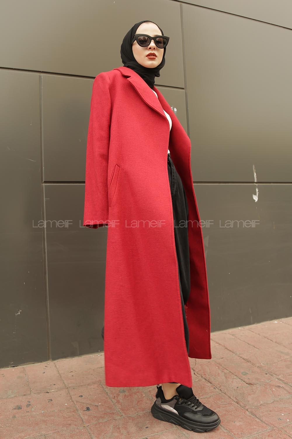 Modalamelif Belden Bağlamalı Kaşe Kaban Kırmızı