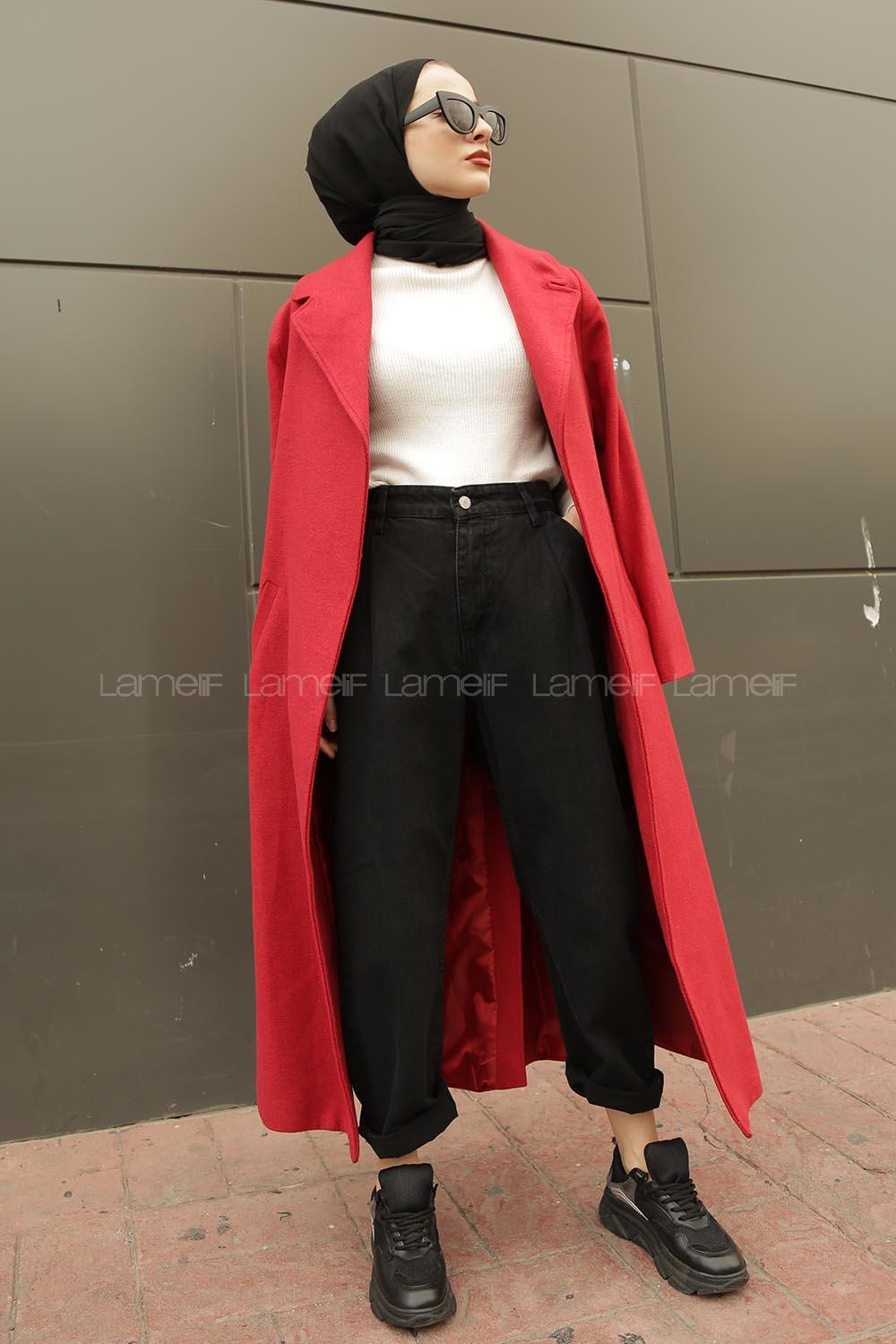 Modalamelif Belden Bağlamalı Kaşe Kaban Kırmızı