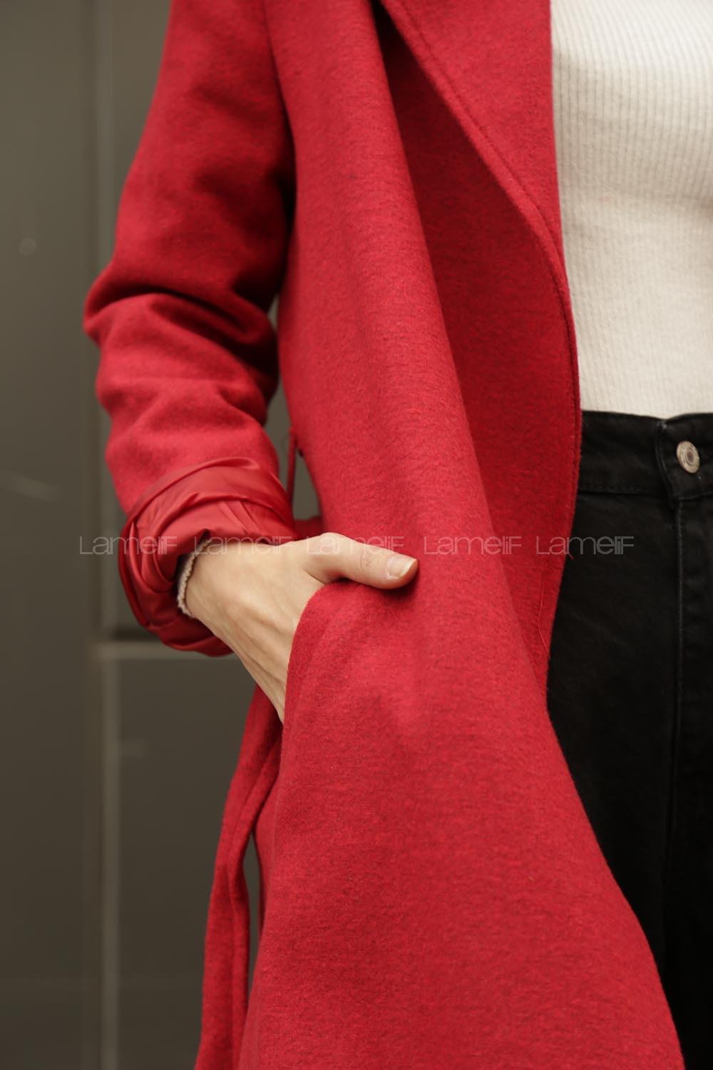 Modalamelif Belden Bağlamalı Kaşe Kaban Kırmızı