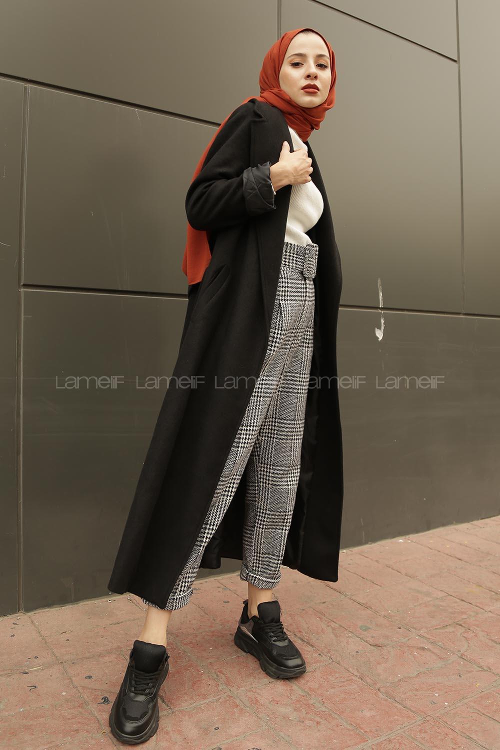 Black Scoop Neck Long Arm Cotton Coat