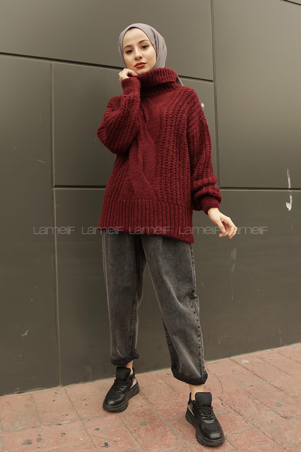 Modalamelif Boğazlı Önü Saç Örgü Kazak Bordo