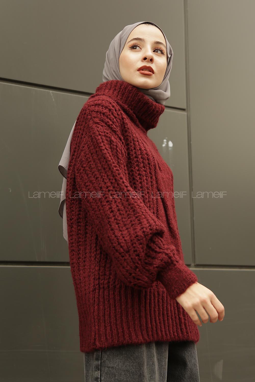 Modalamelif Boğazlı Önü Saç Örgü Kazak Bordo