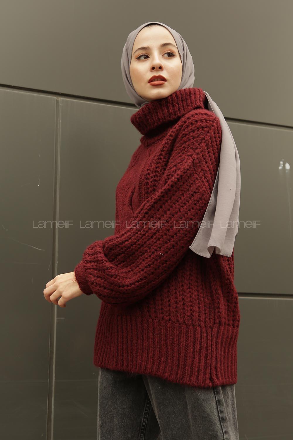 Modalamelif Boğazlı Önü Saç Örgü Kazak Bordo