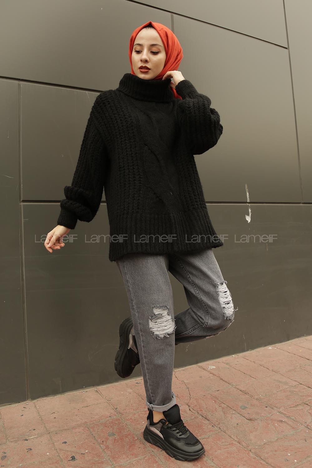 Modalamelif Boğazlı Önü Saç Örgü Kazak Siyah