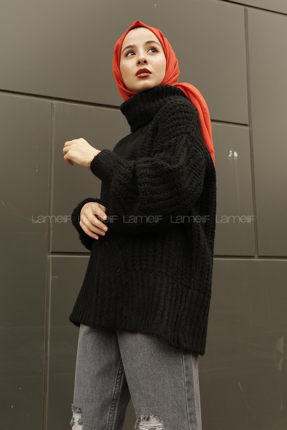 Modalamelif Boğazlı Önü Saç Örgü Kazak Siyah