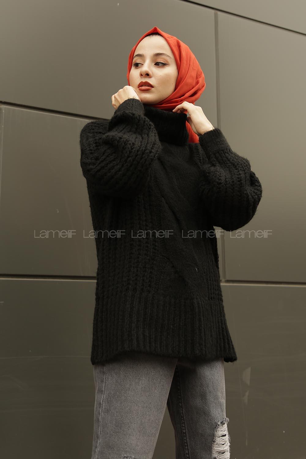 Modalamelif Boğazlı Önü Saç Örgü Kazak Siyah