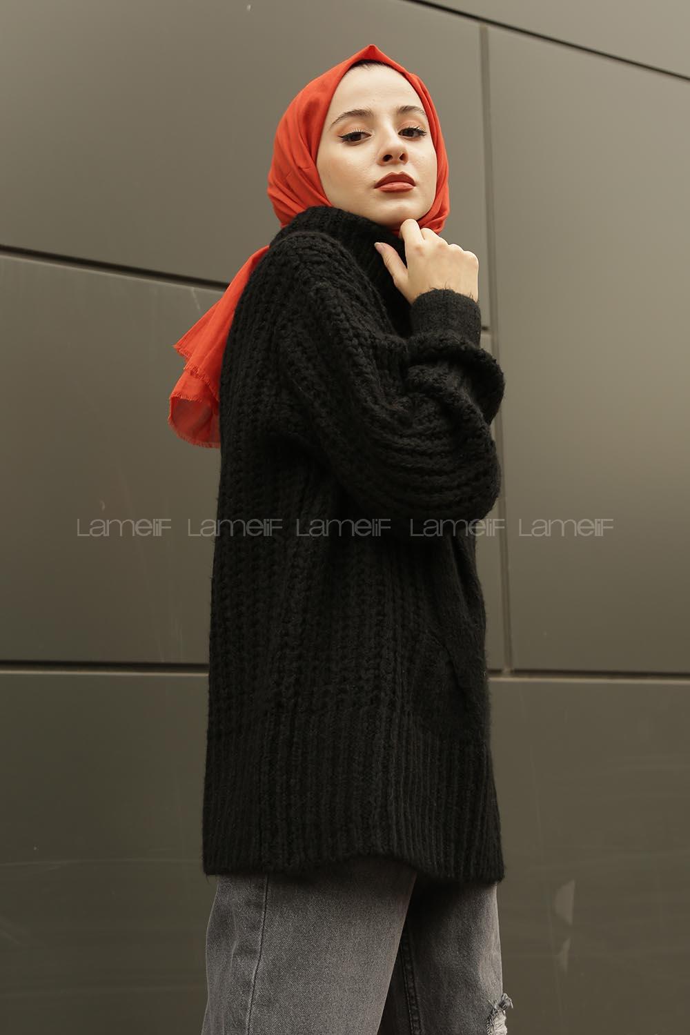 Modalamelif Boğazlı Önü Saç Örgü Kazak Siyah