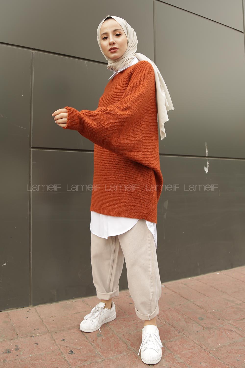 Modalamelif  Kayık Yaka Yarasa Kol Detaylı Kazak Kiremit