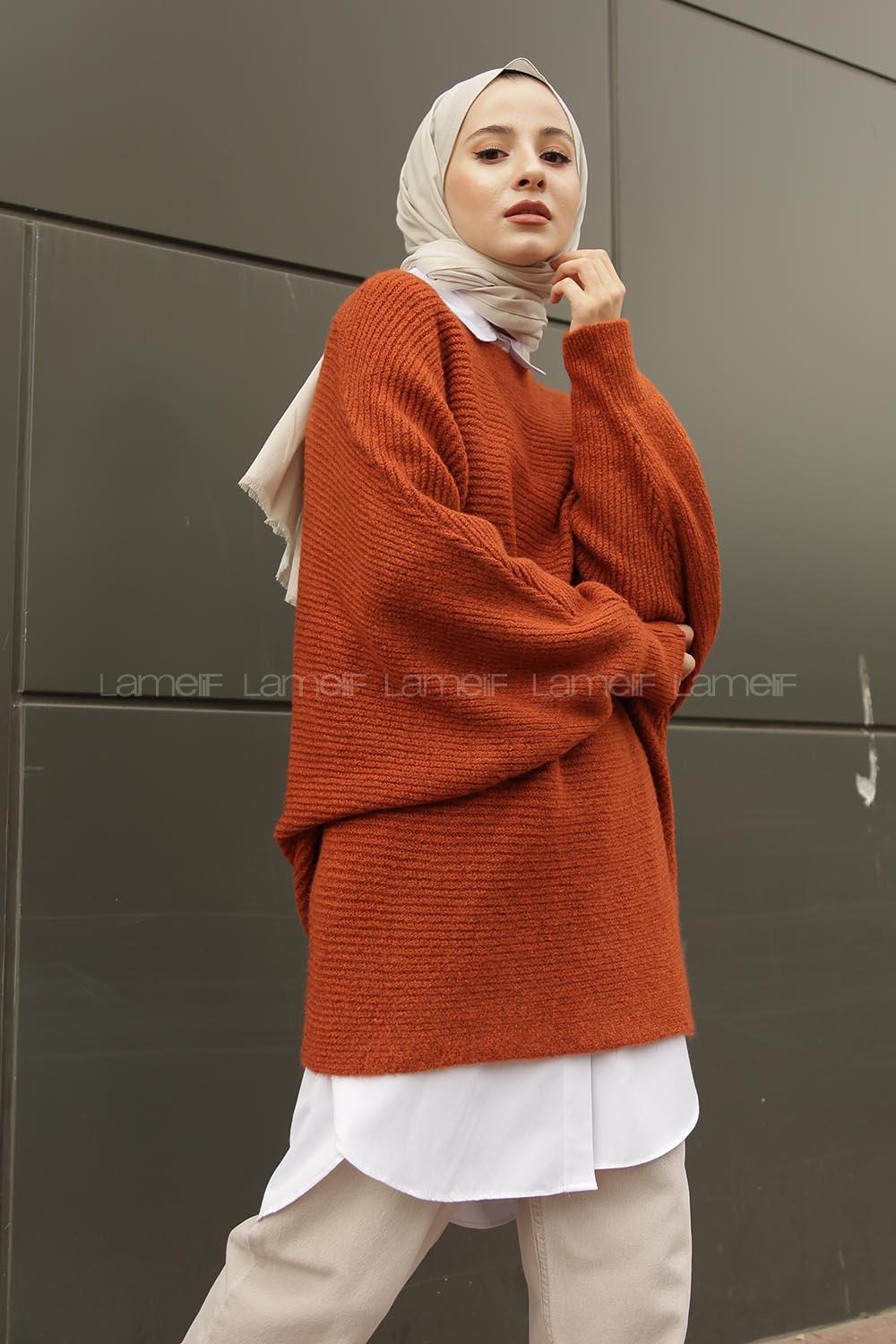 Modalamelif  Kayık Yaka Yarasa Kol Detaylı Kazak Kiremit